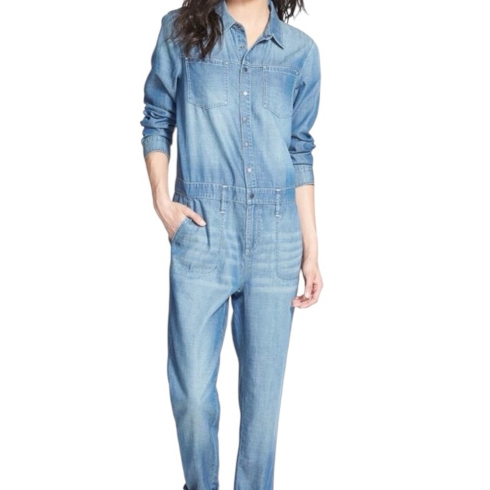 98% Cotton Blue Jean Denim Jumpsuit Snap Front Zipper Fly Size Medium